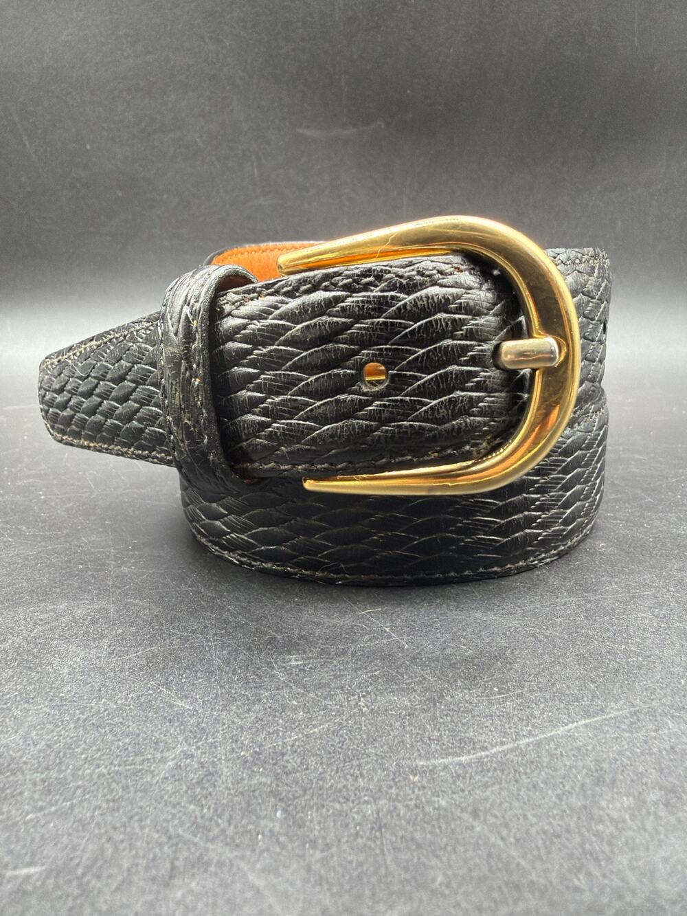 TRAFALGAR Mens 36 Black Reptile Embossed Leather Dress Belt Gold Buckle USA